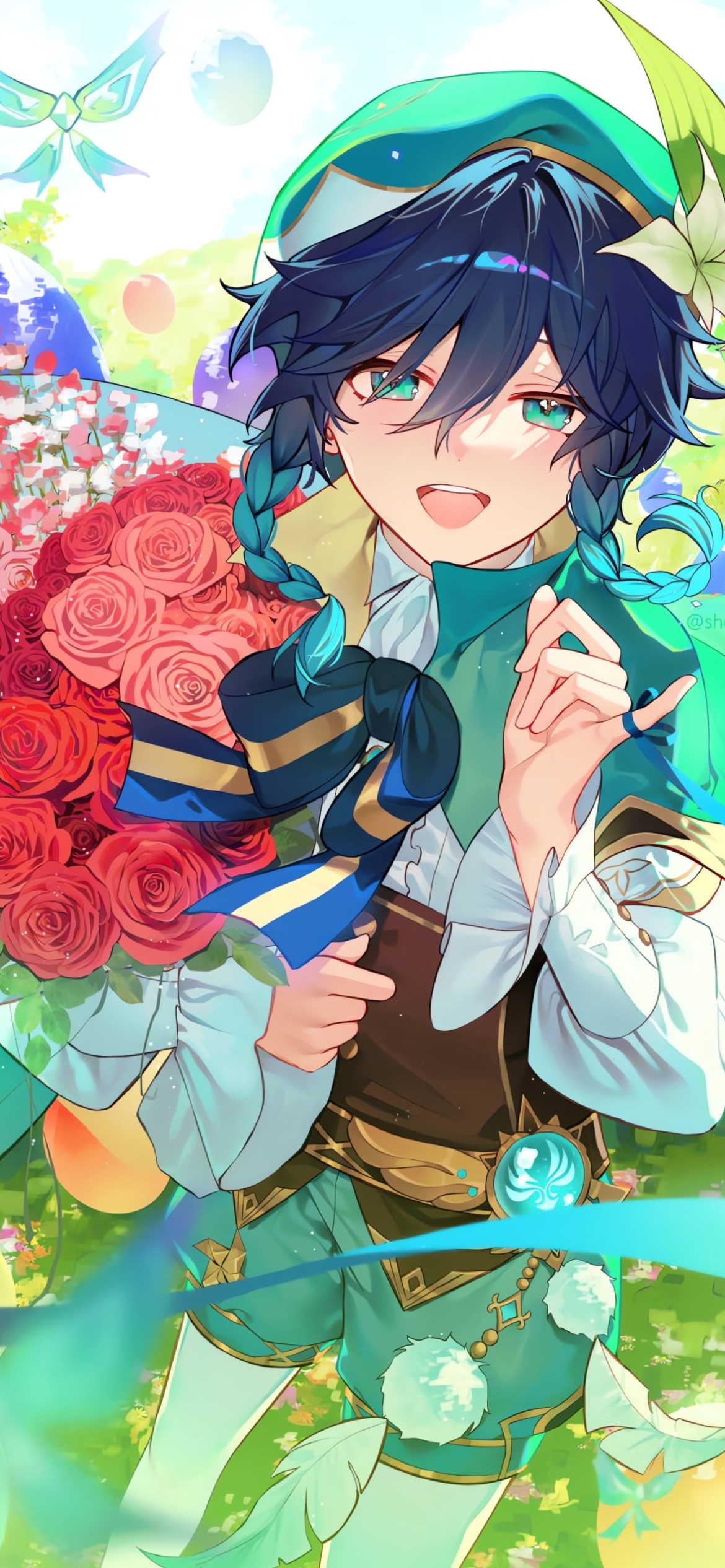 赤い薔薇の花束を持つウェンティ / 原神の1170 x 2532 / スマホ壁紙