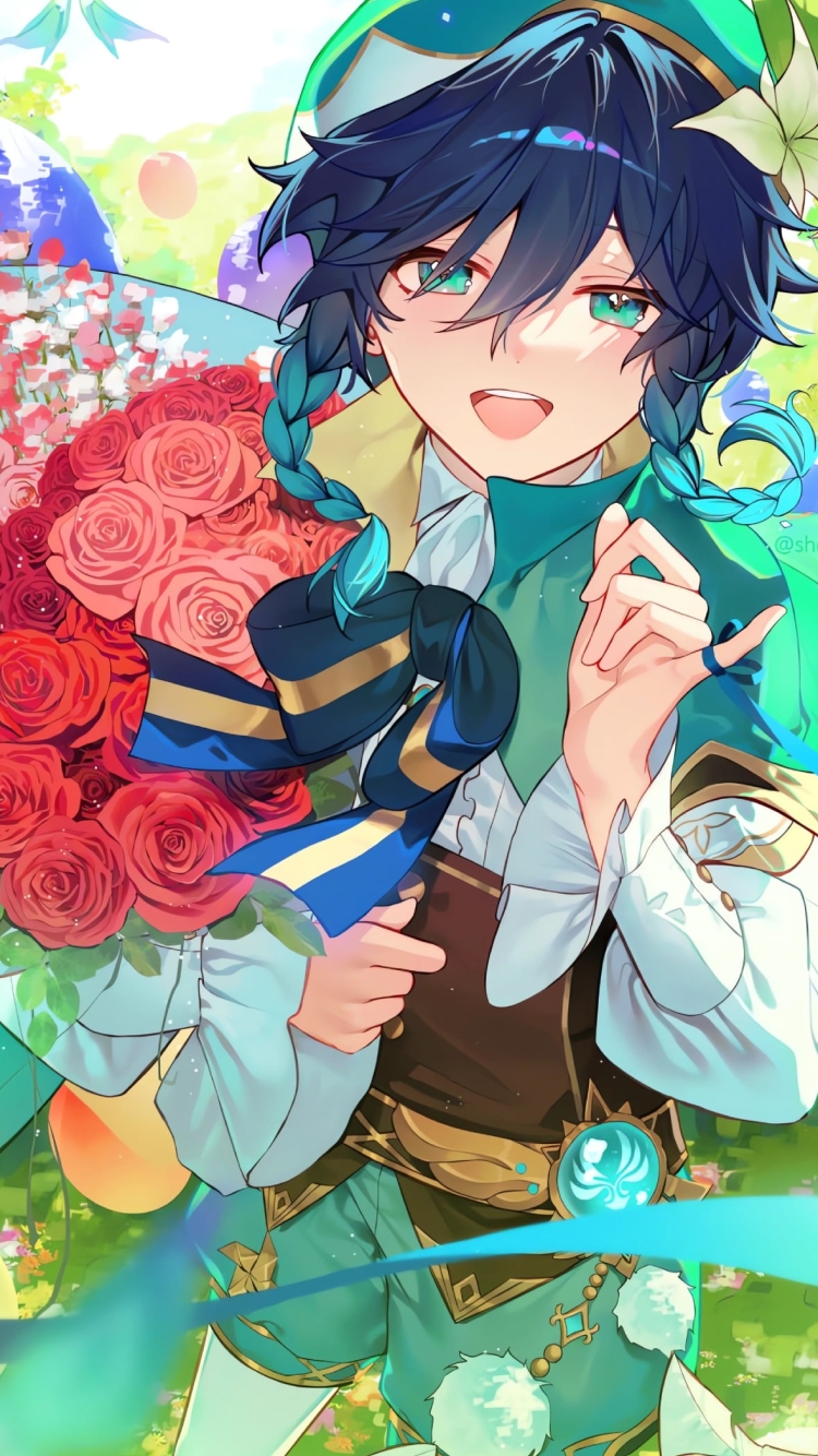 赤い薔薇の花束を持つウェンティ / 原神の750 x 1334 / スマホ壁紙