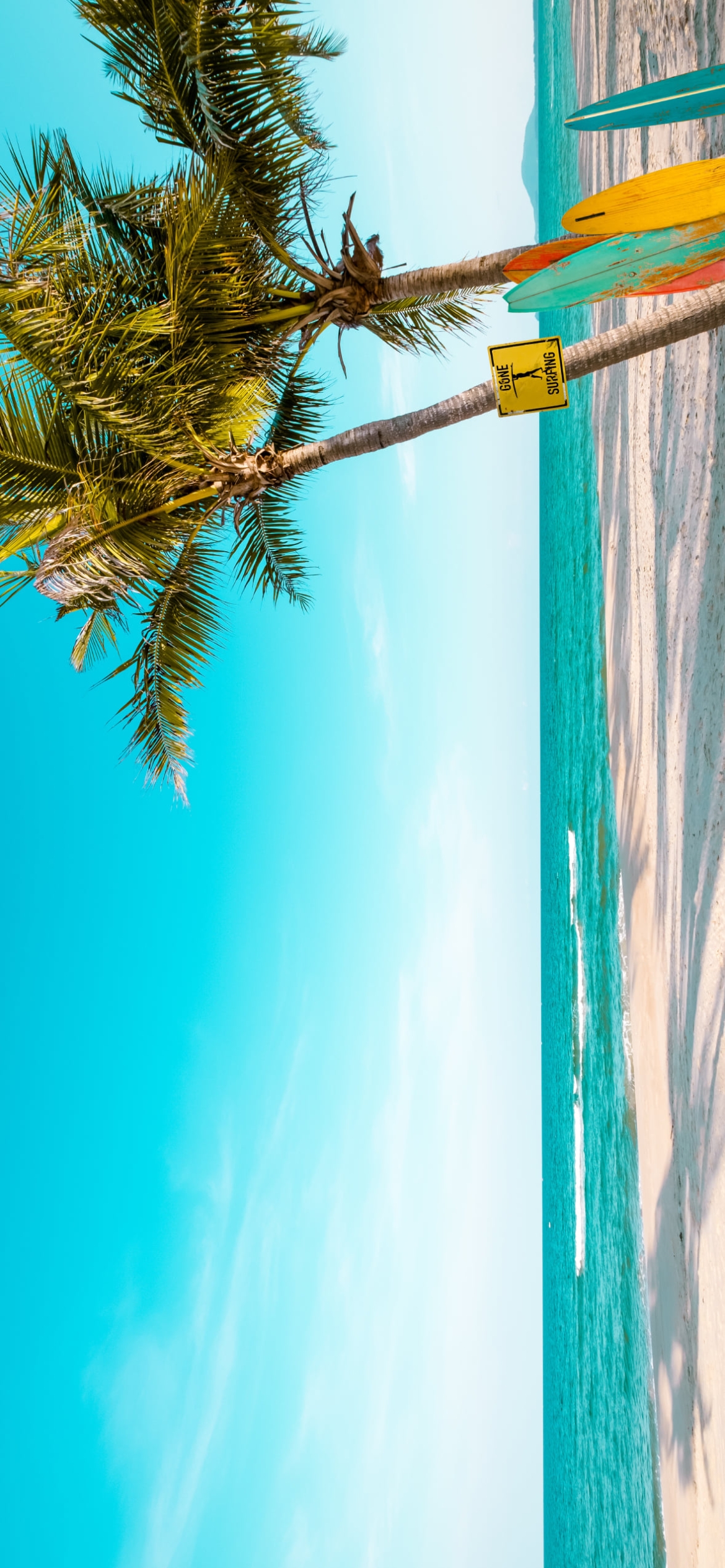 カラフルなサーフボードとビーチの1170 x 2532 / スマホ壁紙