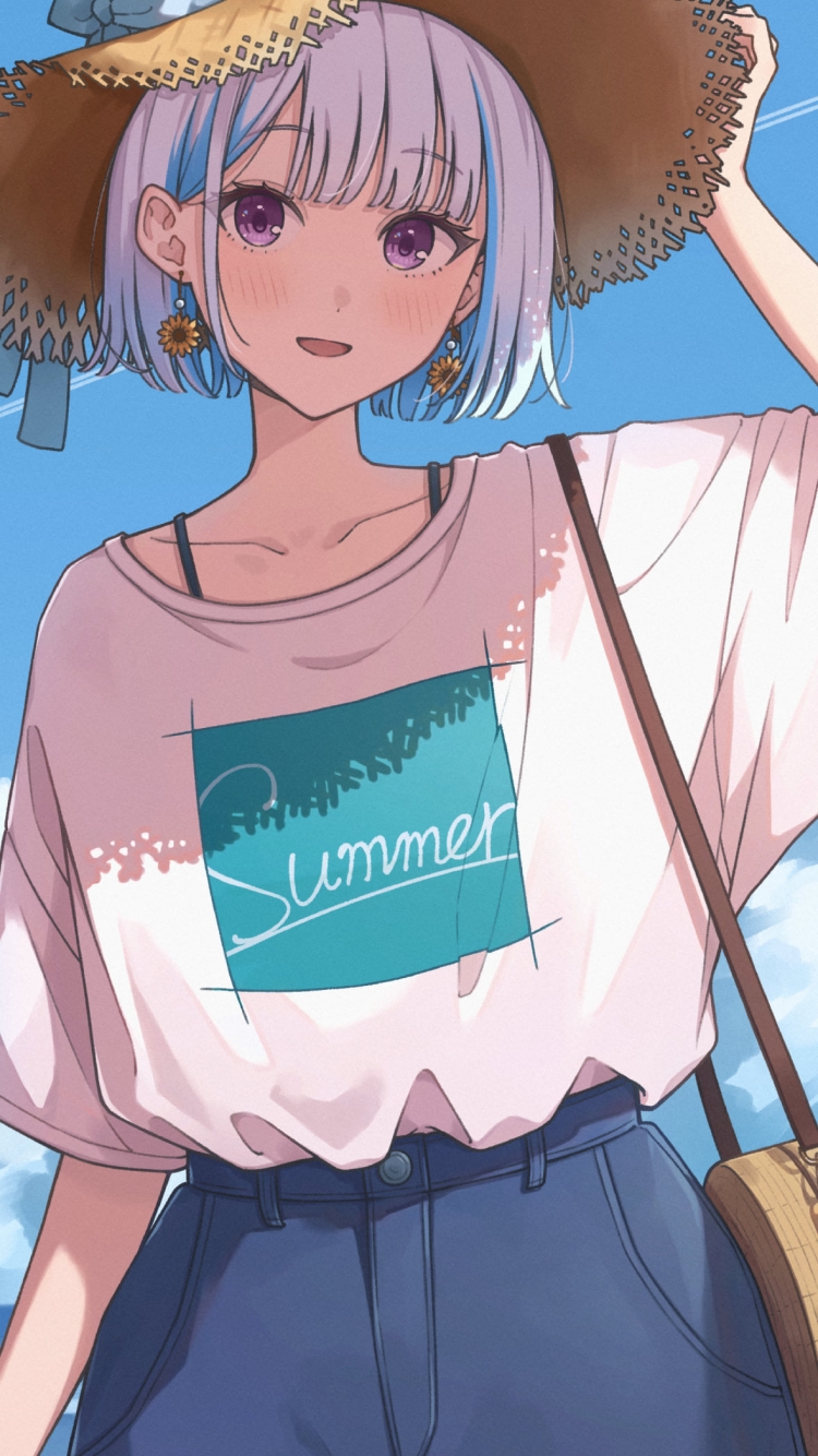 海辺で麦わら帽子を被ったリゼ・ヘルエスタ / バーチャルYouTuberの750 x 1334 / スマホ壁紙