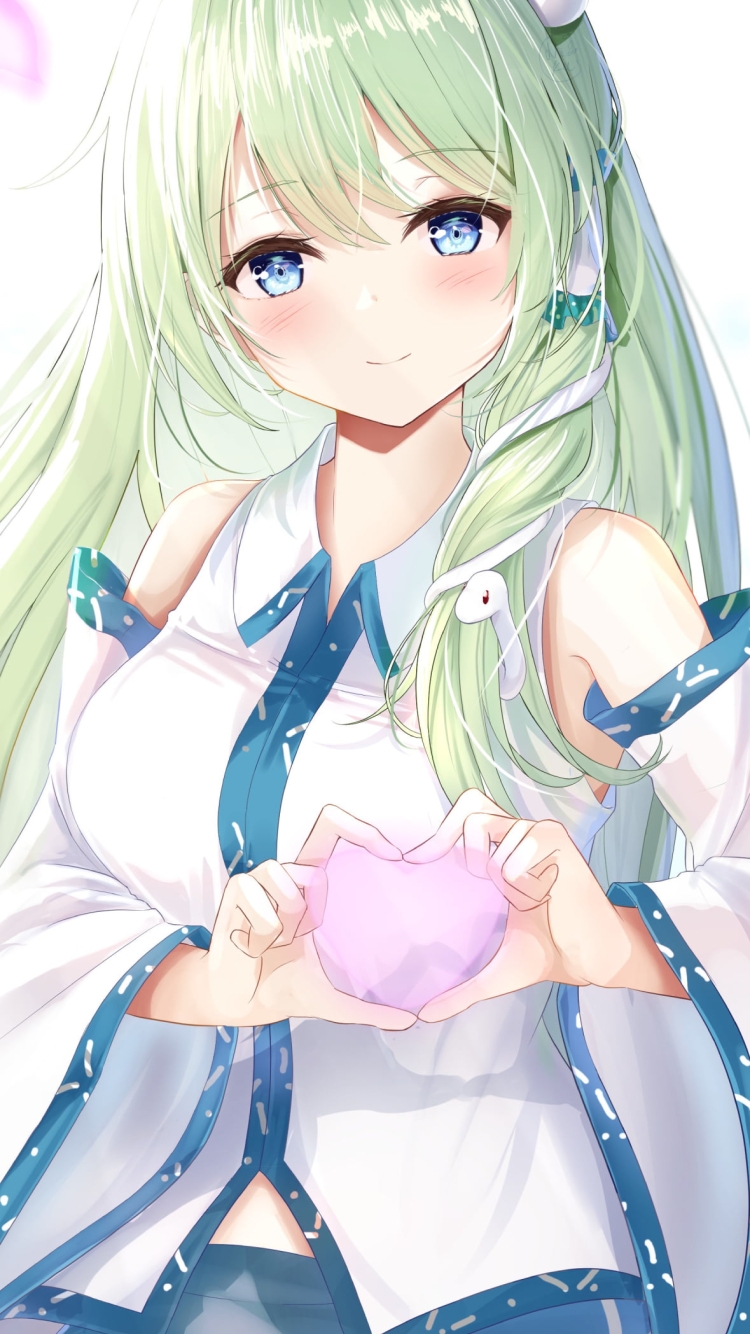 胸元でハートを作る可愛い東風谷早苗 / 東方の750 x 1334 / スマホ壁紙