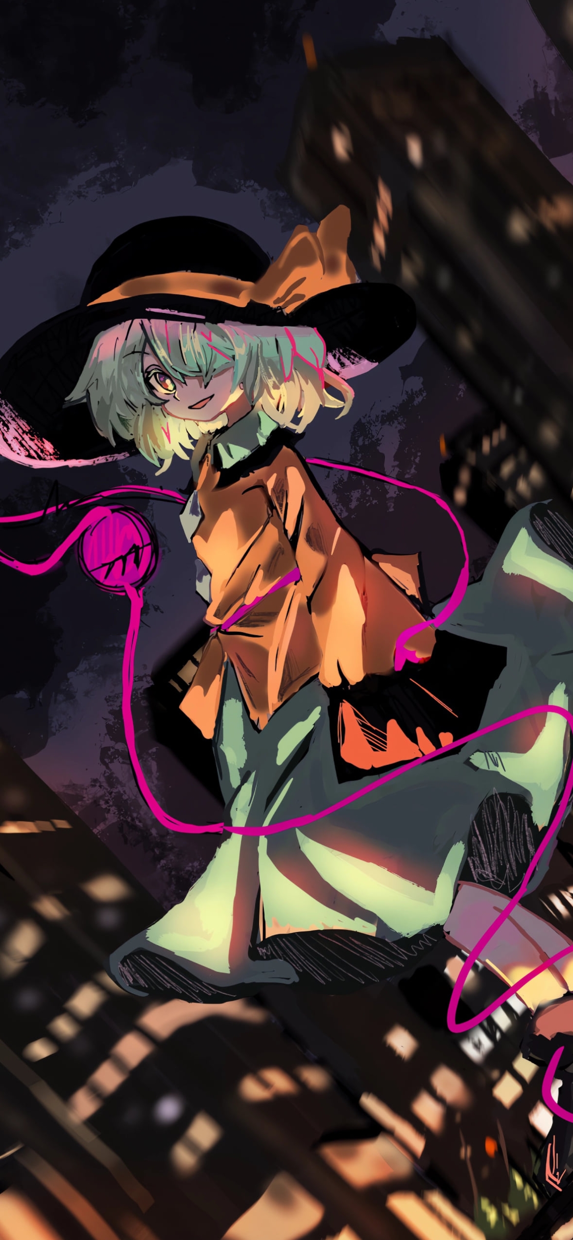 夜の街、振り返る古明地こいし / 東方の1170 x 2532 / スマホ壁紙