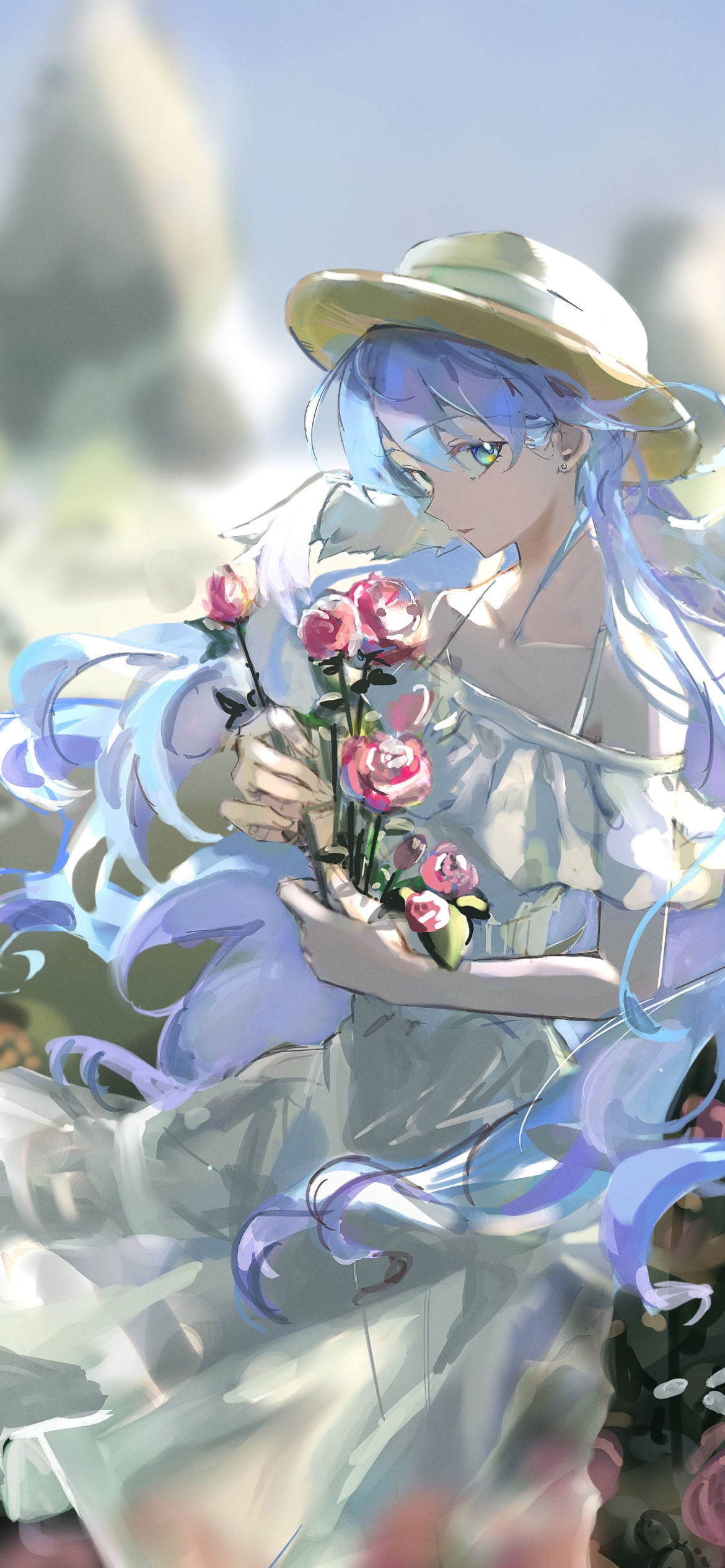 ピンクの薔薇をつむロビン / 崩壊:スターレイルの1170 x 2532 / スマホ壁紙