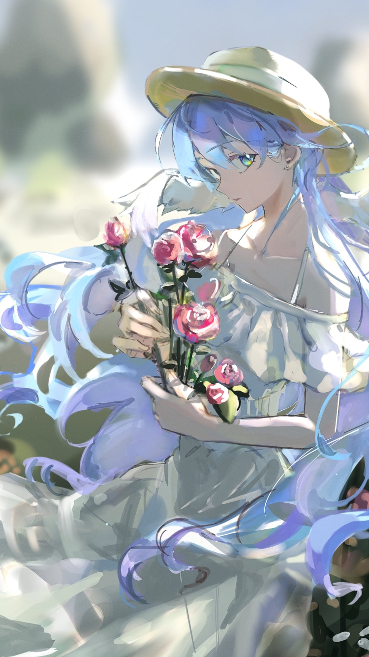 ピンクの薔薇をつむロビン / 崩壊:スターレイルの750 x 1334 / スマホ壁紙