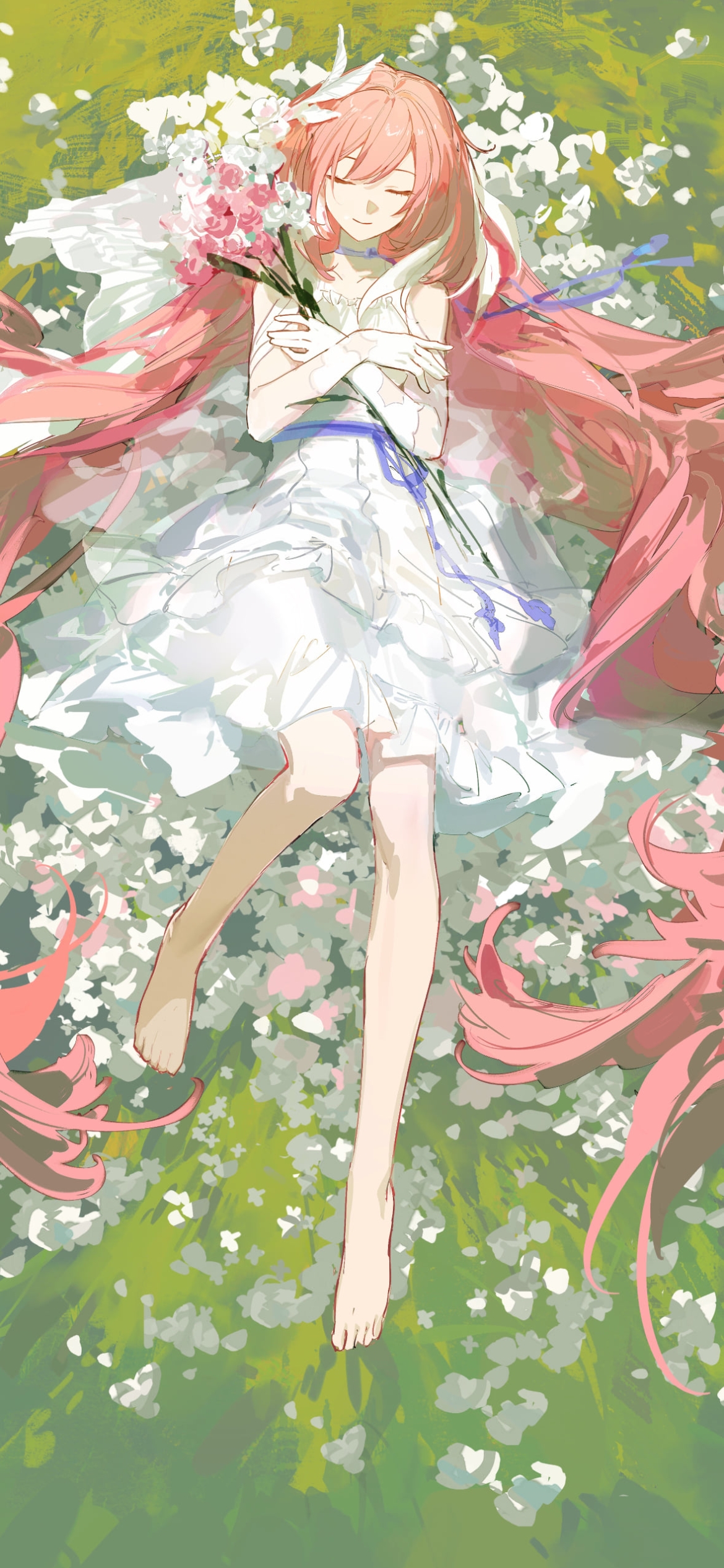 白い花の上で寝るエリシア / 崩壊3rdの1170 x 2532 / スマホ壁紙