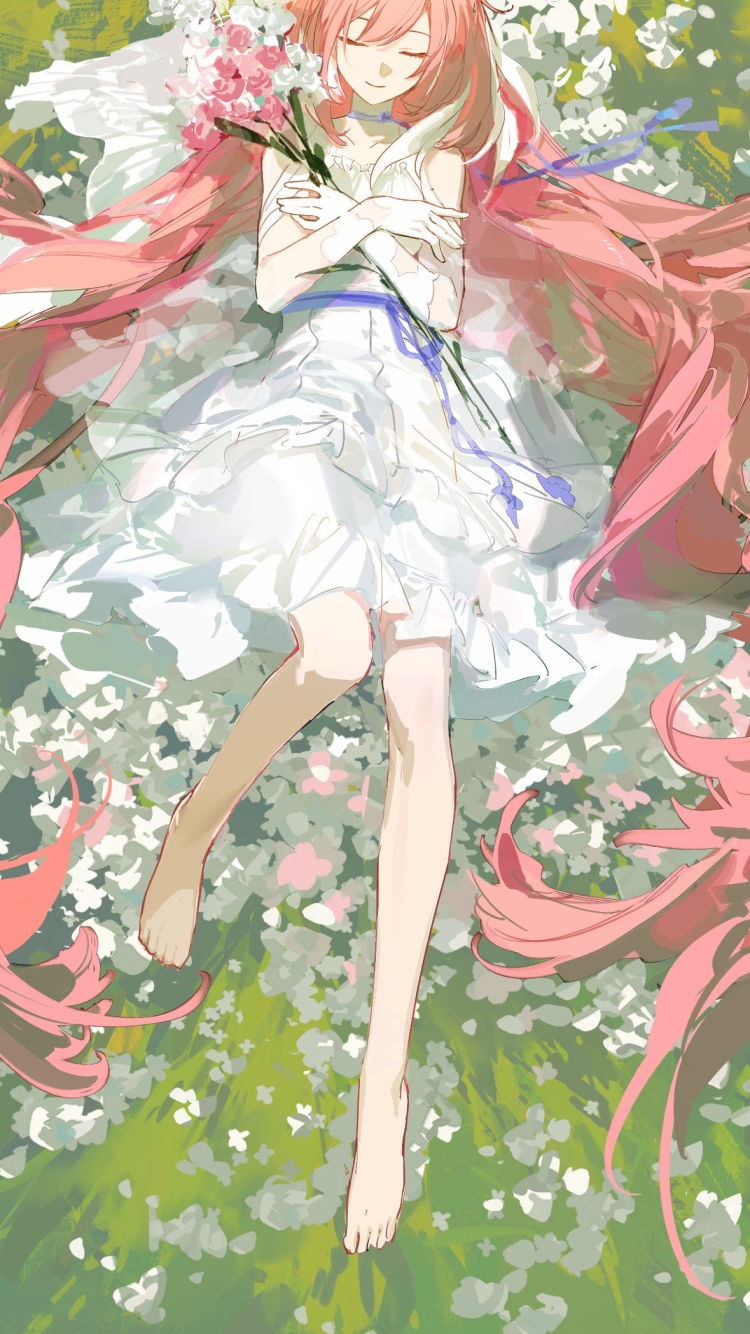 白い花の上で寝るエリシア / 崩壊3rdの750 x 1334 / スマホ壁紙