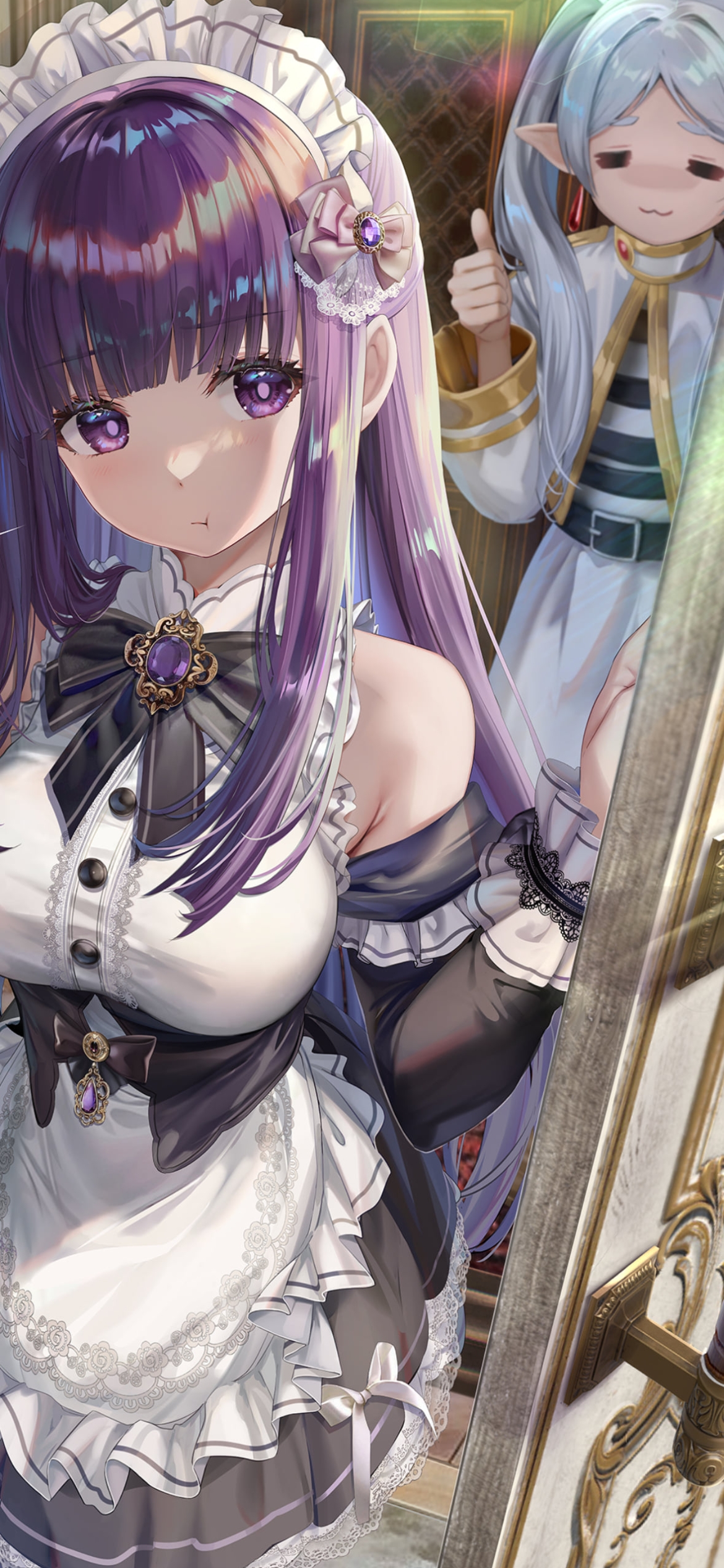 メイド姿のフェルン / グッドポーズをするフリーレン / 葬送のフリーレンの1170 x 2532 / スマホ壁紙