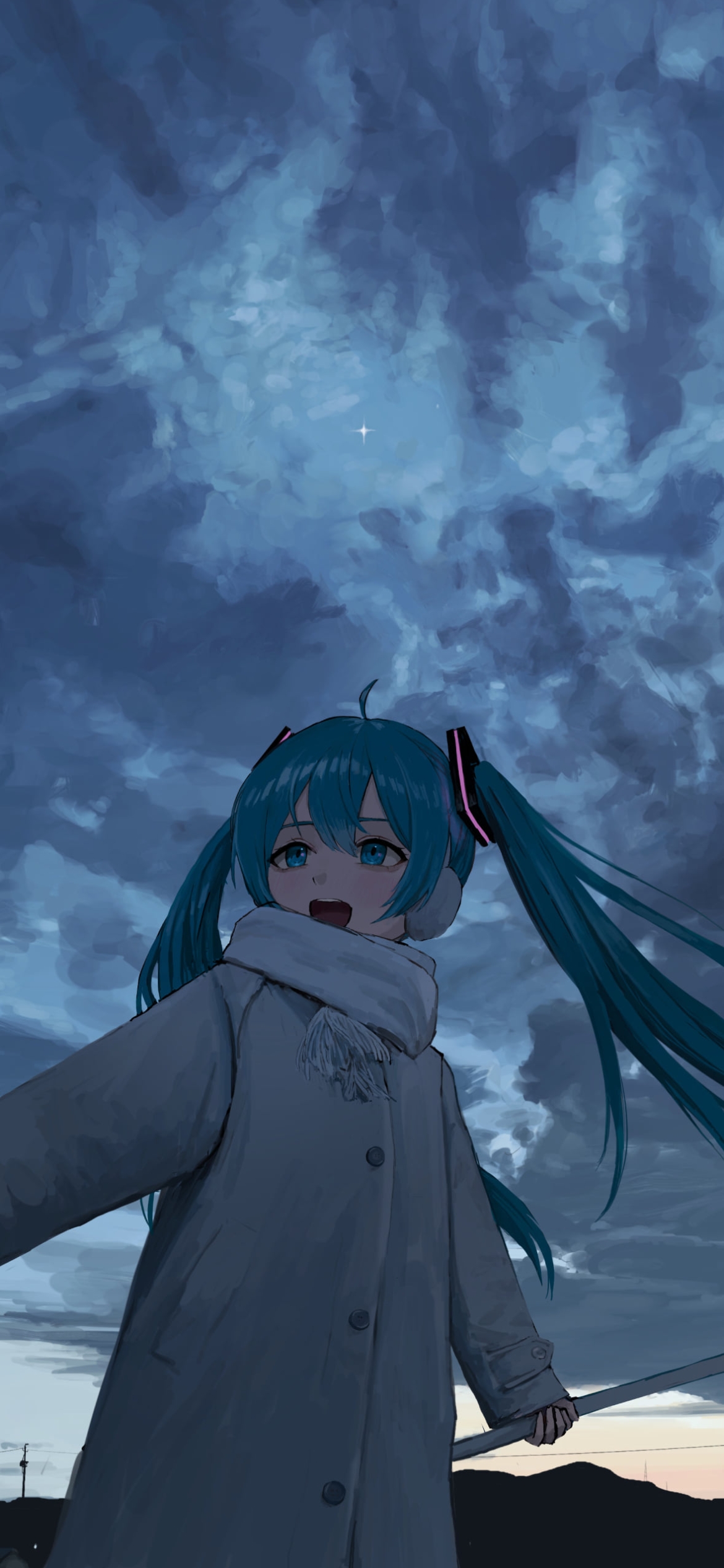 曇り空とネギを持つ初音ミク / ボーカロイドの1170 x 2532 / スマホ壁紙