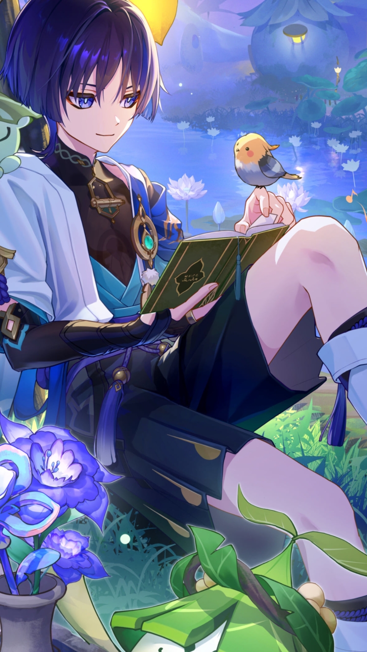 湖畔で本を読むスカラマシュ / 放浪者 / 原神の750 x 1334 / スマホ壁紙