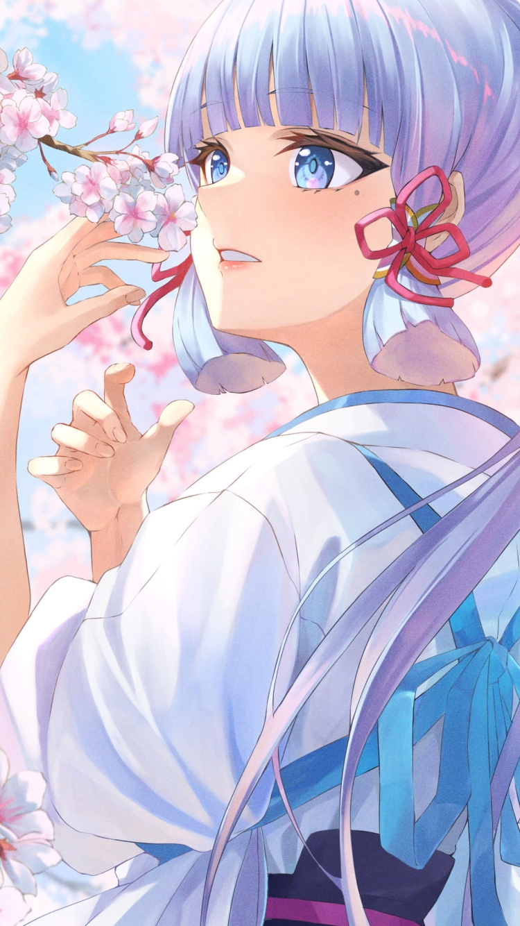 桜の花を愛でる神里綾華 / 原神の750 x 1334 / スマホ壁紙
