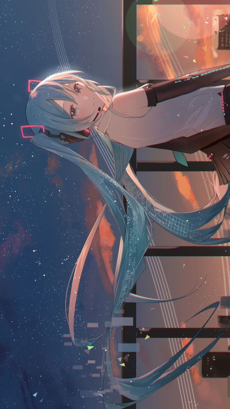 夜の街のビルと振り返る初音ミク / ボカロの750 x 1334 / スマホ壁紙