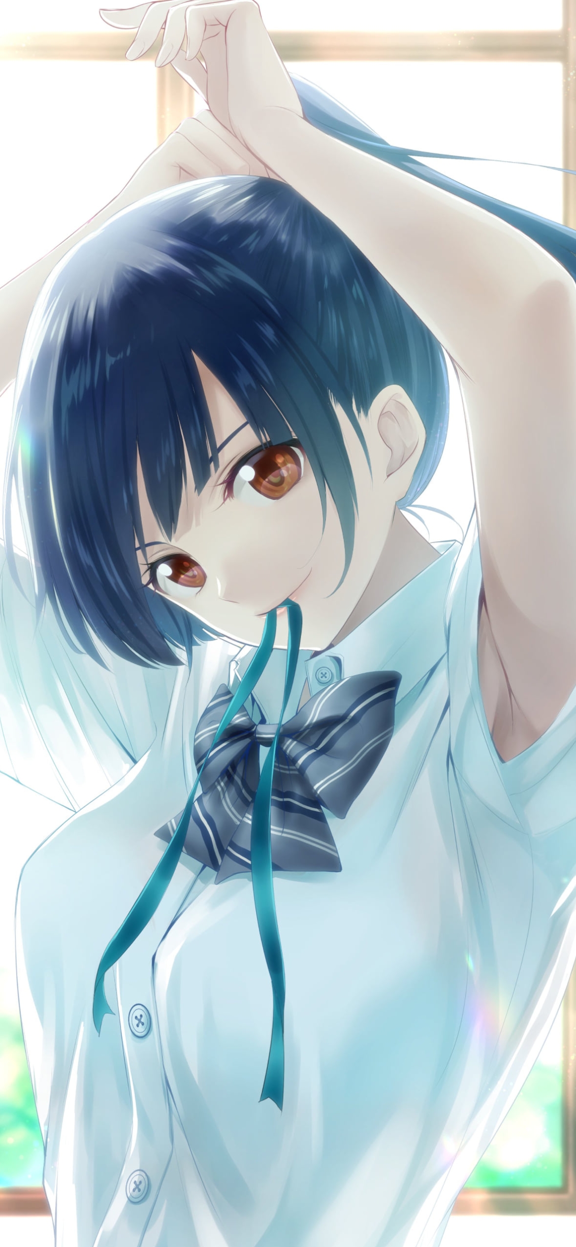 ポニーテールを結わく鶴河秋水 / 女神のカフェテラスの1170 x 2532 / スマホ壁紙