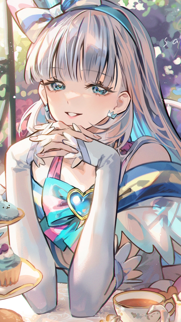 お茶をしながら頬杖をつく猫屋敷ユキ / キュアニャミー / わんだふるぷりきゅあ!の750 x 1334 / スマホ壁紙