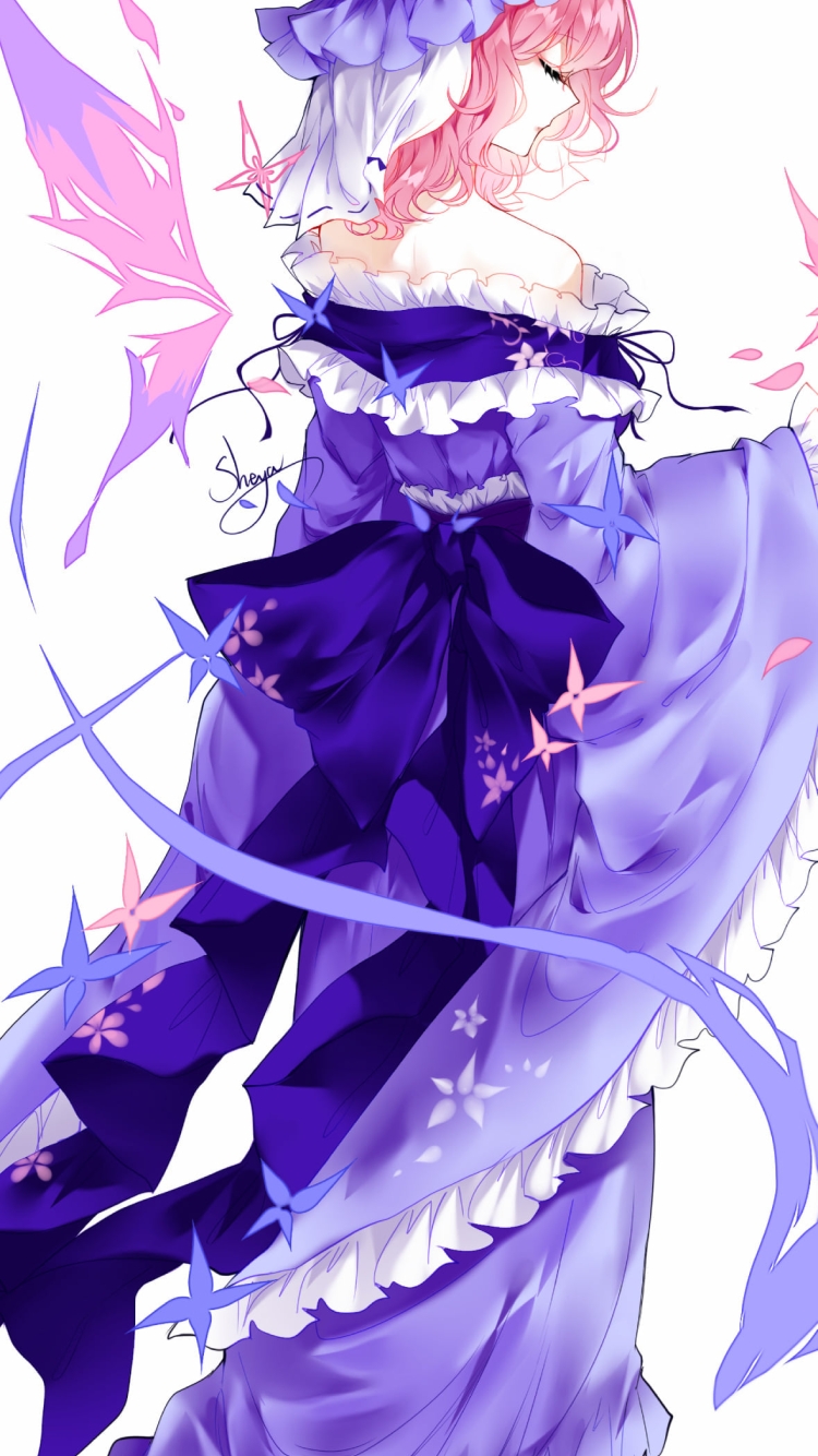 青い服を着た西行寺幽々子の後ろ姿 / 東方の750 x 1334 / スマホ壁紙