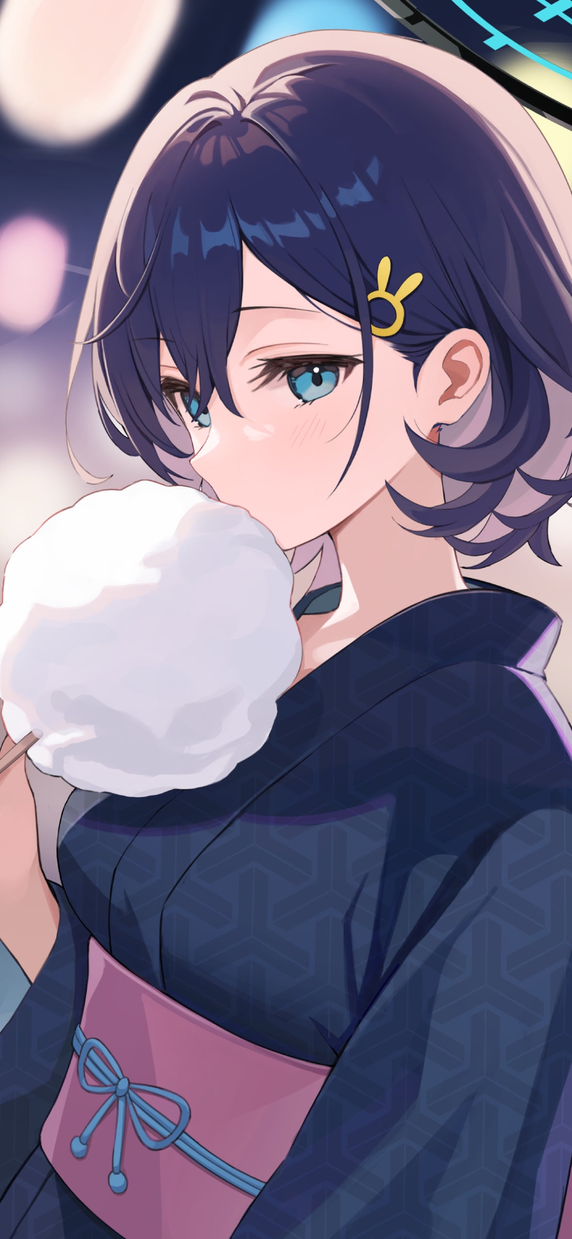 わたあめを食べる浴衣を着た各務チヒロ / ブルーアーカイブの1170 x 2532 / スマホ壁紙