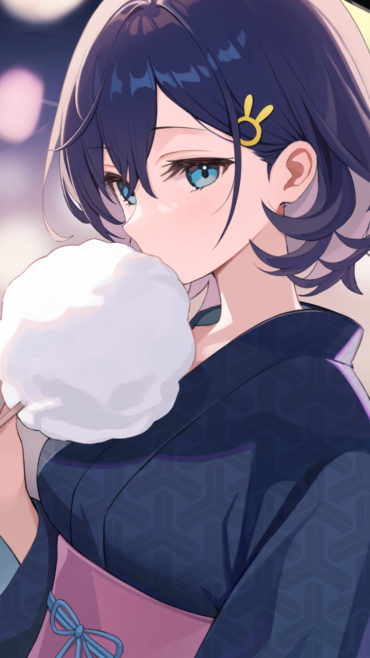 わたあめを食べる浴衣を着た各務チヒロ / ブルーアーカイブの750 x 1334 / スマホ壁紙