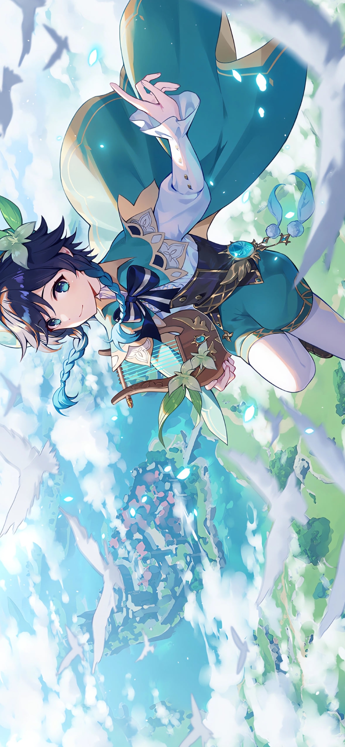 白い鳥とウェンティ / 原神の1170 x 2532 / スマホ壁紙