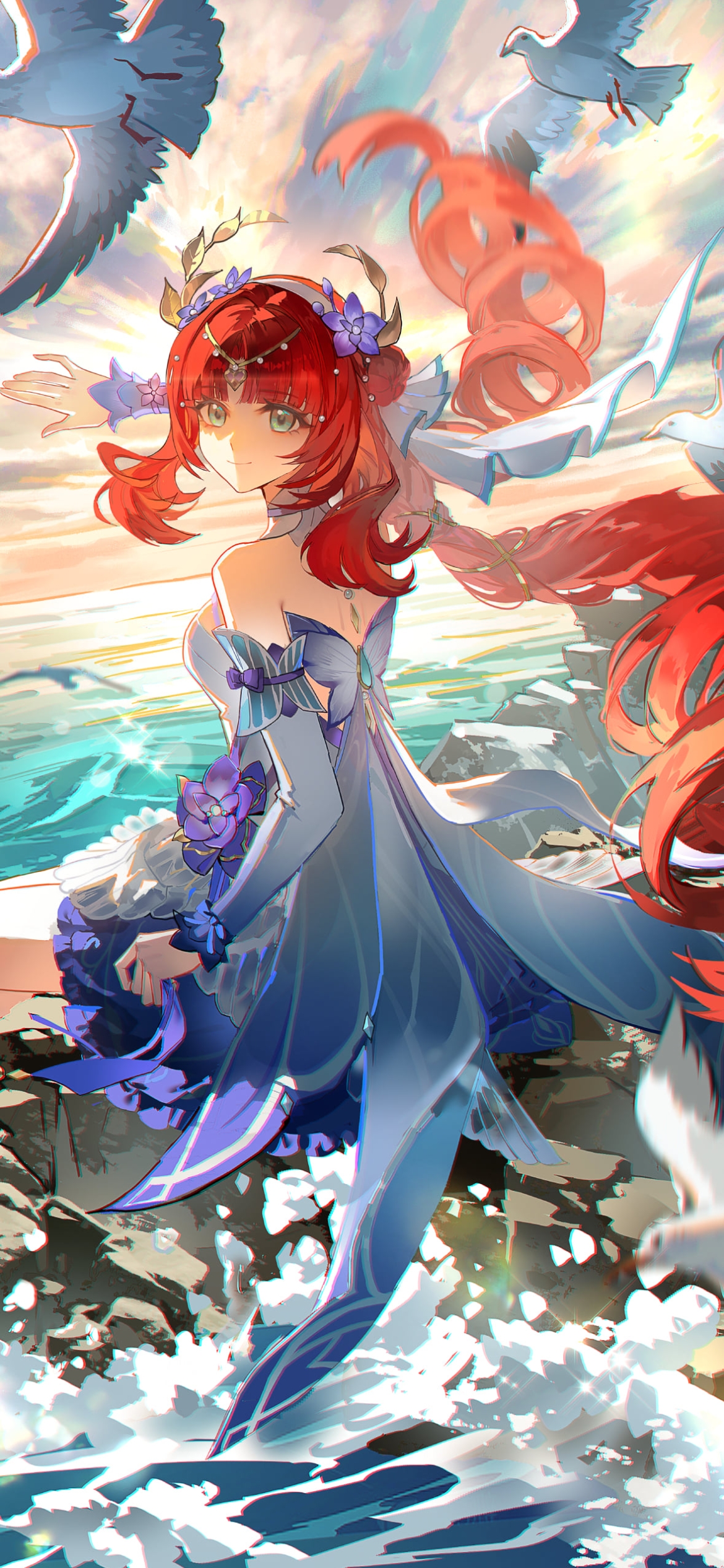 海沿いの岸壁に座るニィロウ / 原神の1170 x 2532 / スマホ壁紙