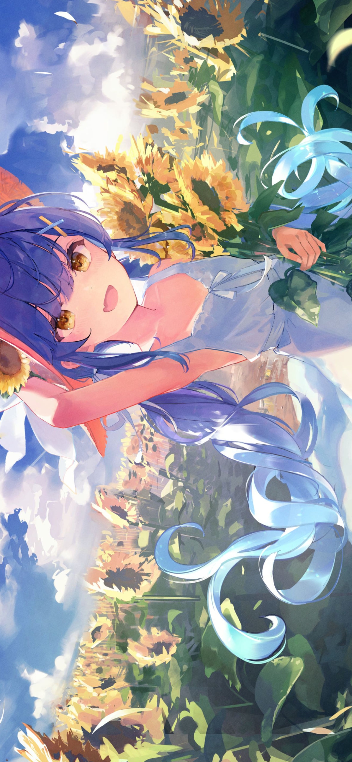 向日葵を持つ麦わら帽子をかぶった天宮こころ / にじさんじ / バーチャルYouTuberの1170 x 2532 / スマホ壁紙