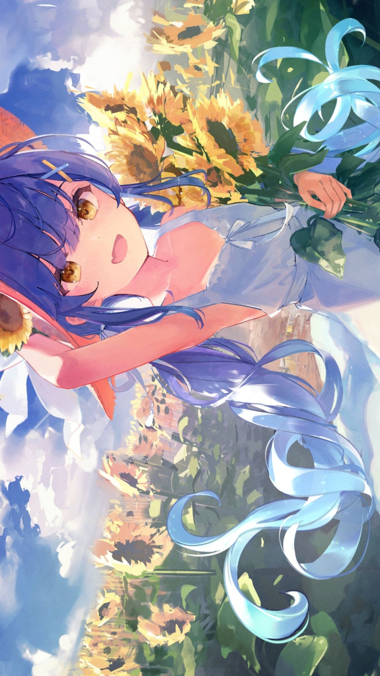 向日葵を持つ麦わら帽子をかぶった天宮こころ / にじさんじ / バーチャルYouTuberの750 x 1334 / スマホ壁紙