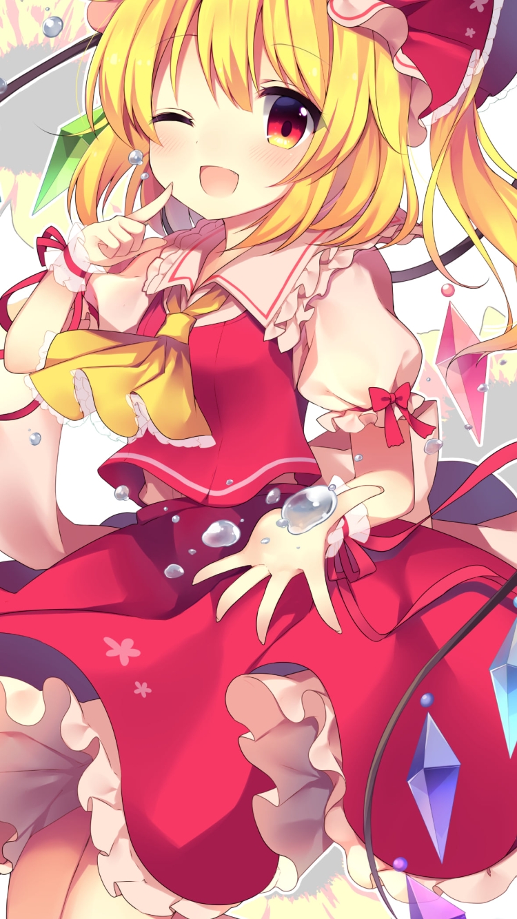 ウィンクする赤いドレスを着たフランドール・スカーレット / 東方の750 x 1334 / スマホ壁紙