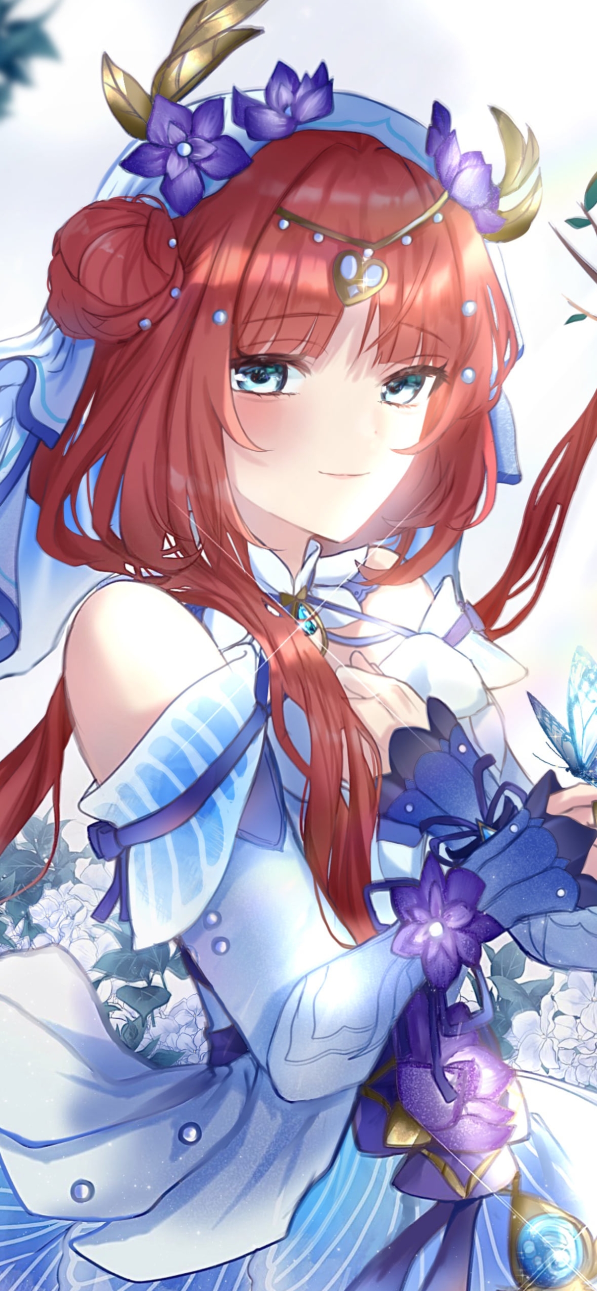 指に青い蝶がとまるニィロウ / 原神の1170 x 2532 / スマホ壁紙