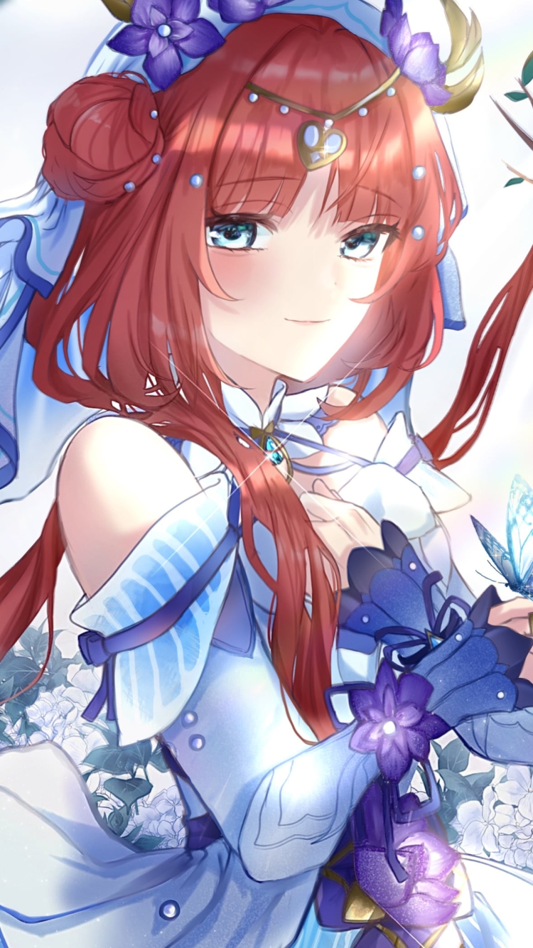 指に青い蝶がとまるニィロウ / 原神の750 x 1334 / スマホ壁紙
