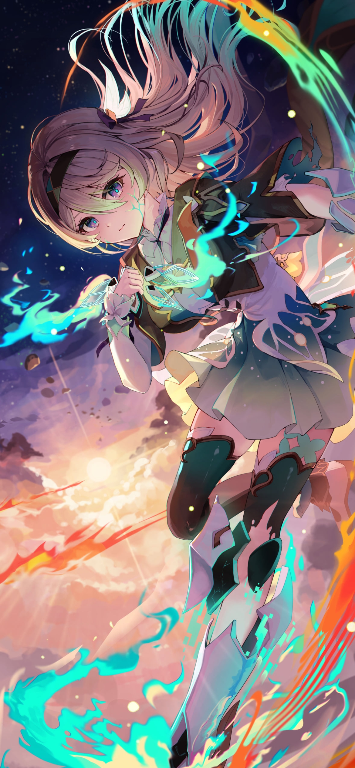 光る緑・赤の光とホタル / 崩壊:スターレイルの1170 x 2532 / スマホ壁紙
