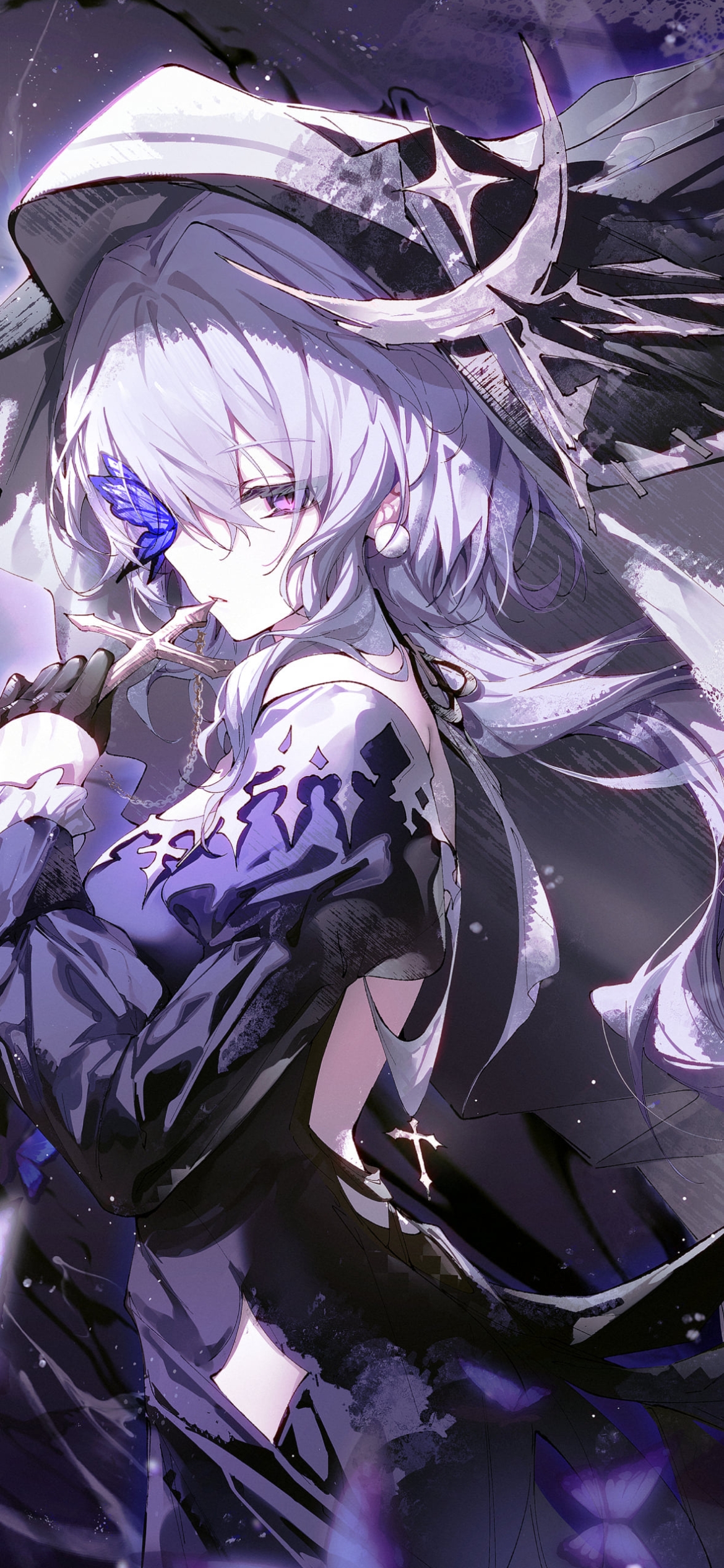 紫の蝶とこちらを見つめるウィスパーレイン / アークナイツの1170 x 2532 / スマホ壁紙