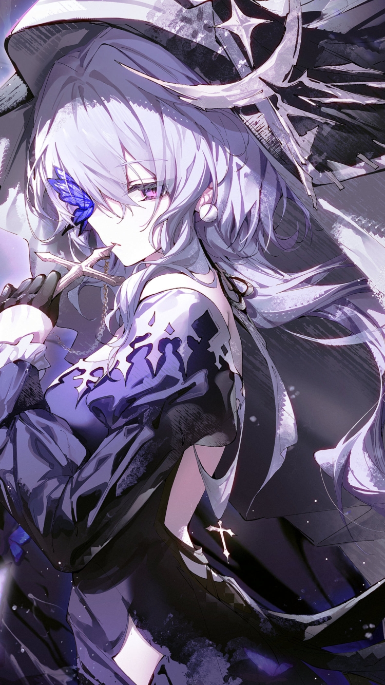 紫の蝶とこちらを見つめるウィスパーレイン / アークナイツの750 x 1334 / スマホ壁紙