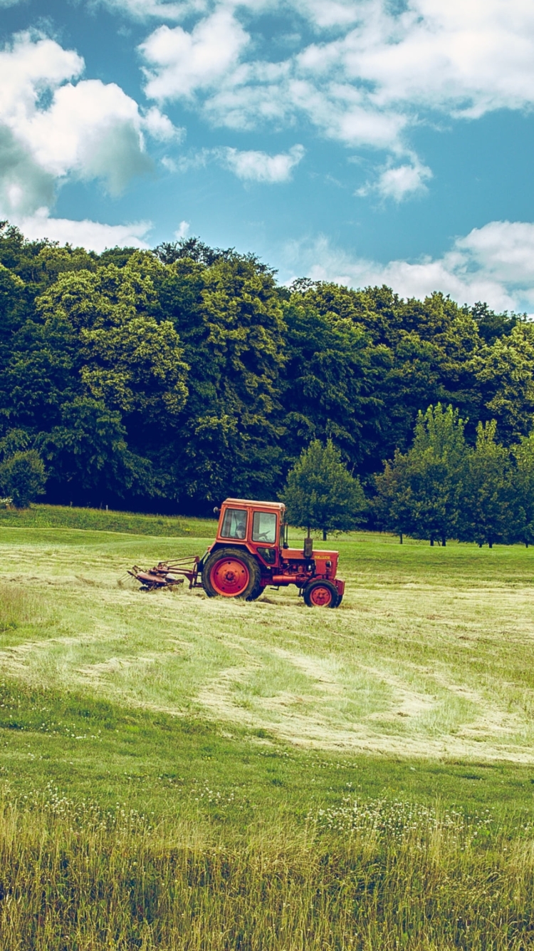 土地を耕す赤いトラクターの750 x 1334 / スマホ壁紙