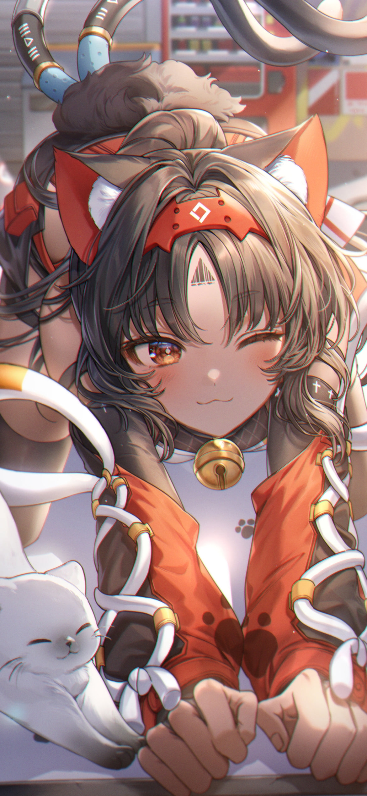白猫と伸びをする猫宮又奈 / ゼンレスゾーンゼロの1170 x 2532 / スマホ壁紙