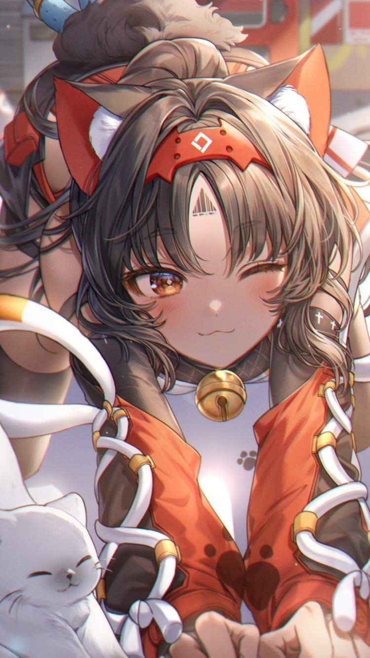 白猫と伸びをする猫宮又奈 / ゼンレスゾーンゼロの750 x 1334 / スマホ壁紙