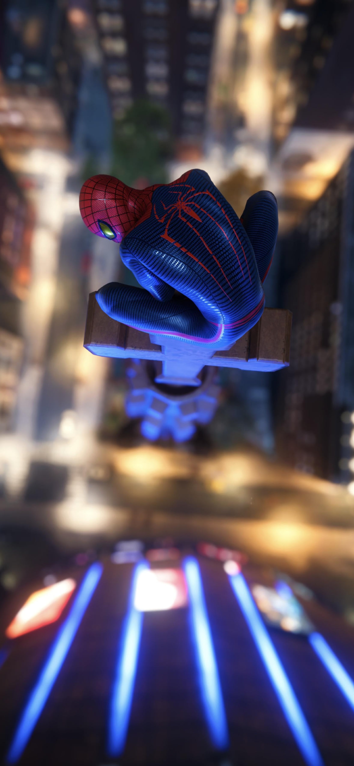 都会の高所に座るかっこいいスパイダーマンの1170 x 2532 / スマホ壁紙