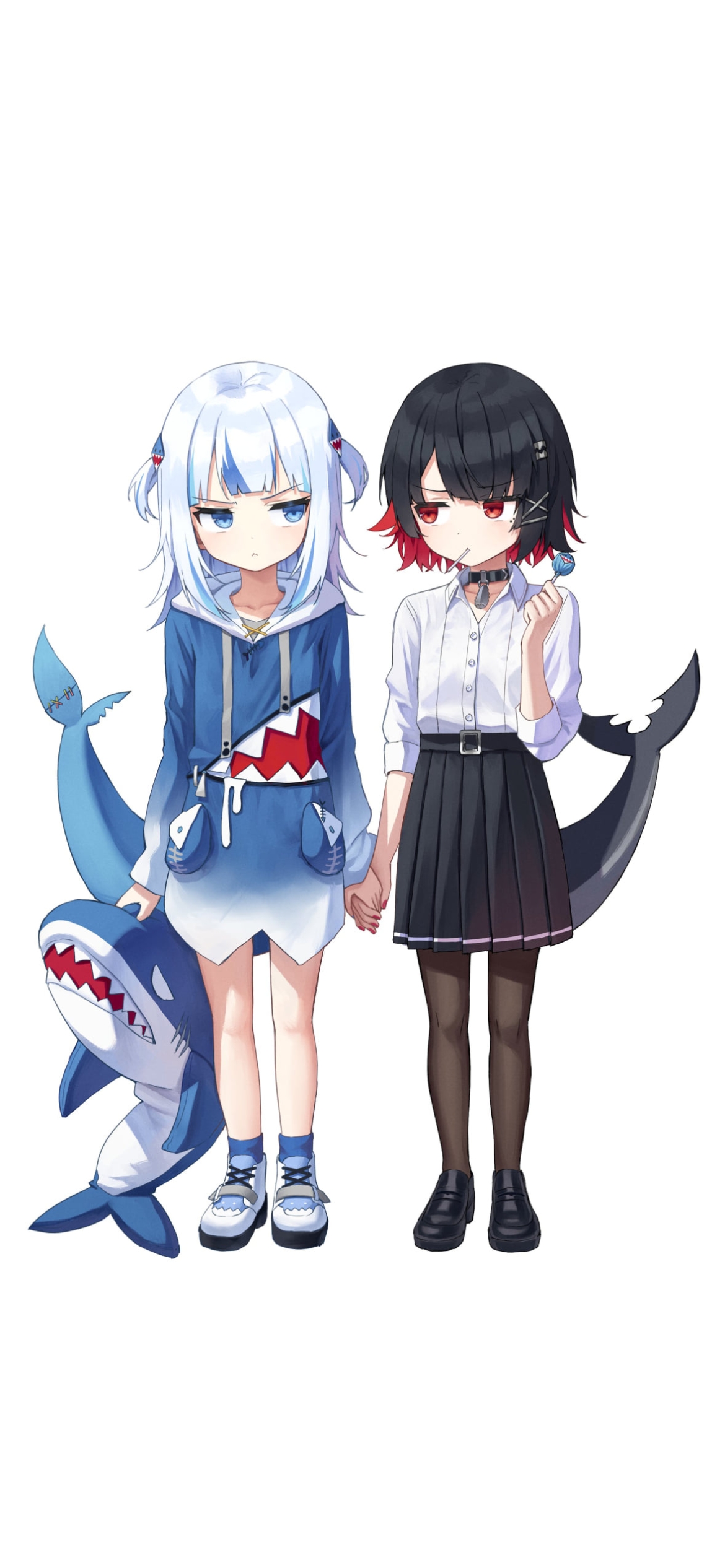 並んで見つめ合うがうる・ぐらとエレン・ジョー / ホロライブ / バーチャルYouTuber / ゼンレスゾーンゼロの1170 x 2532 / スマホ壁紙