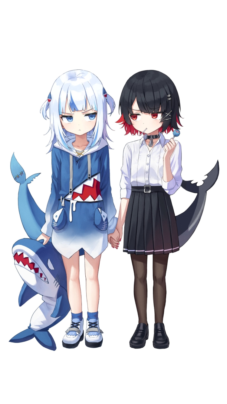並んで見つめ合うがうる・ぐらとエレン・ジョー / ホロライブ / バーチャルYouTuber / ゼンレスゾーンゼロの750 x 1334 / スマホ壁紙