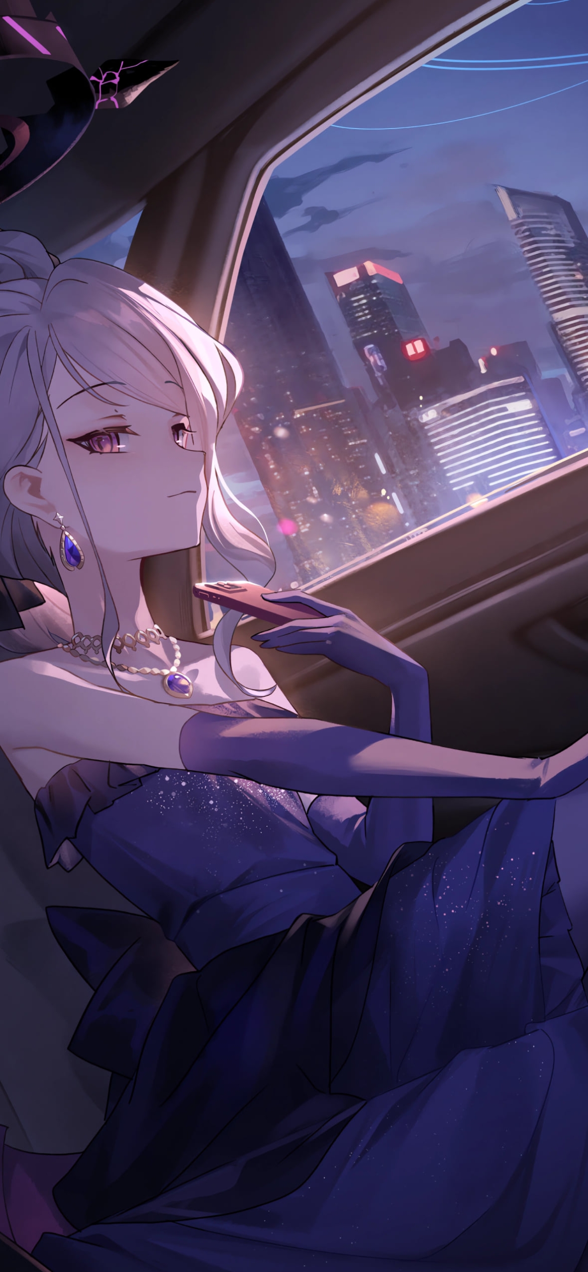 車の後部座席に座ったドレスを着た空崎ヒナ / ブルーアーカイブの1170 x 2532 / スマホ壁紙