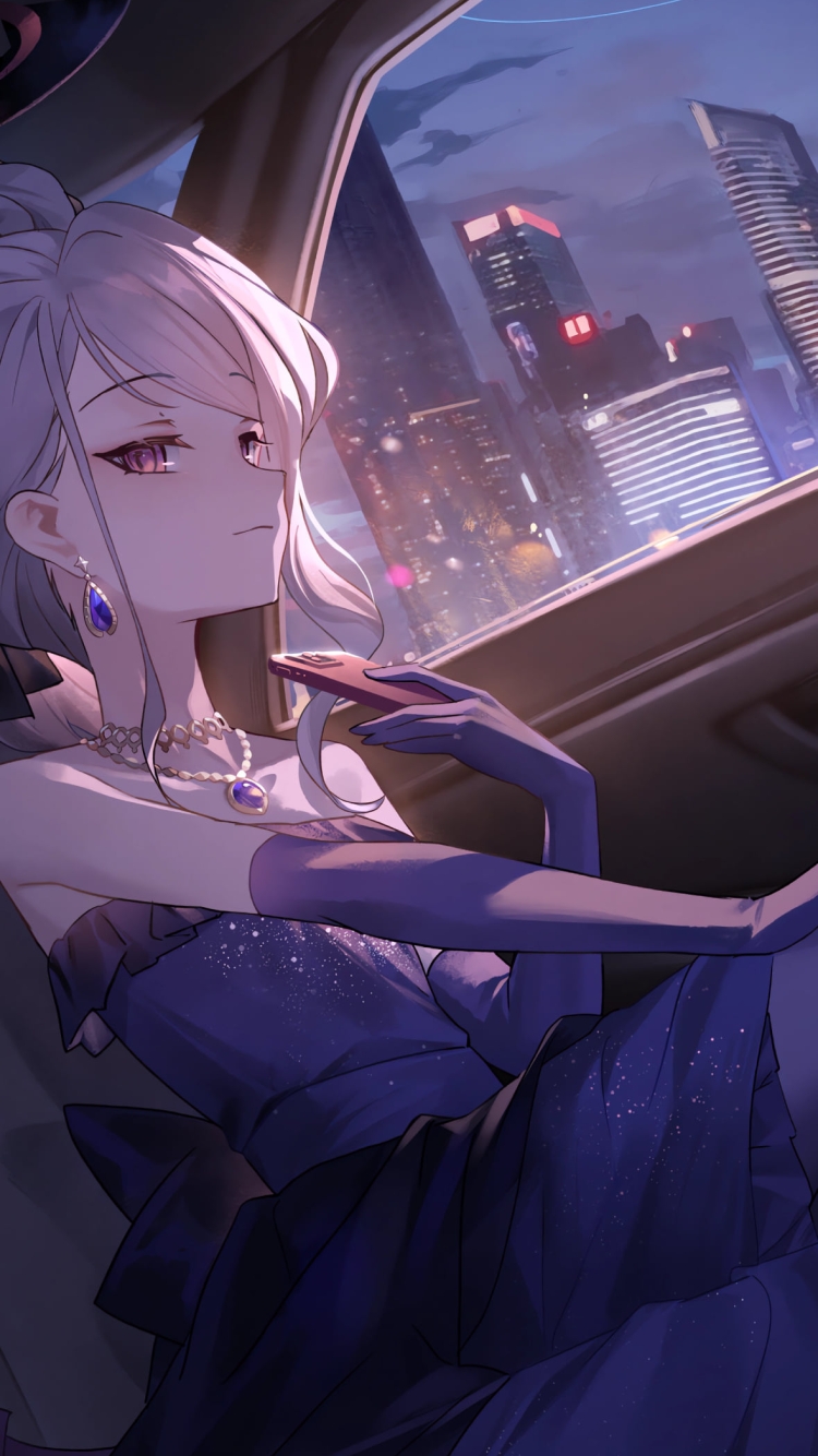 車の後部座席に座ったドレスを着た空崎ヒナ / ブルーアーカイブの750 x 1334 / スマホ壁紙
