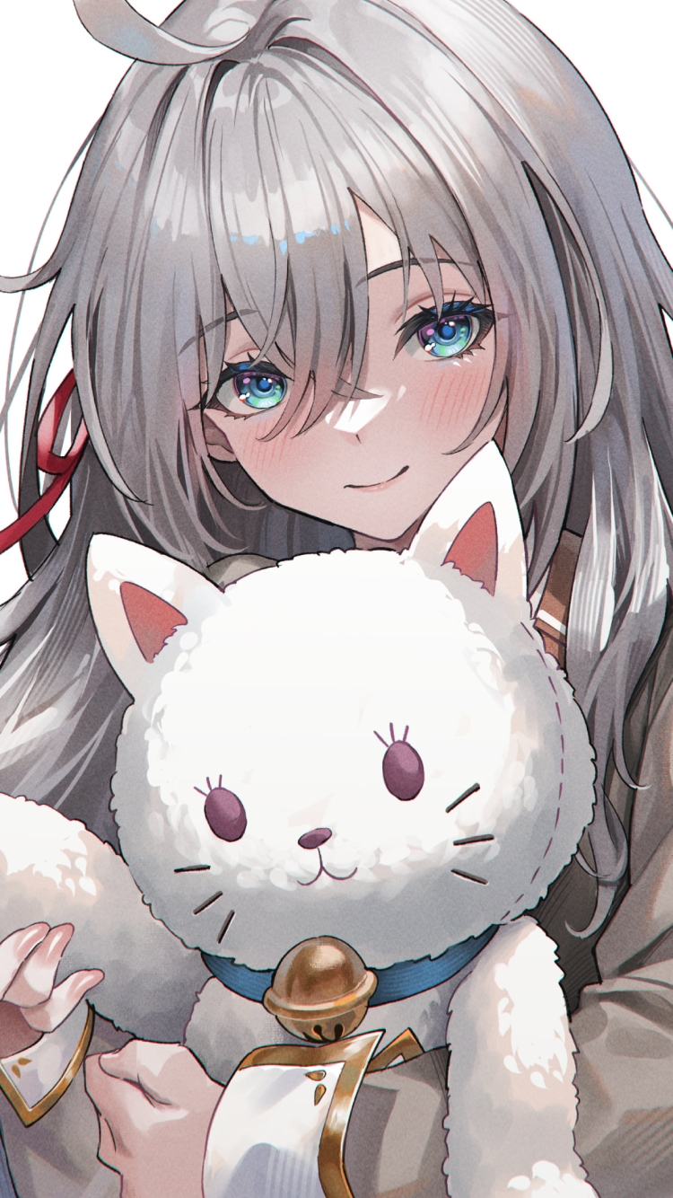 白猫のぬいぐるみを持つアリサ・ミハイロヴナ・九条 / 時々ボソッとロシア語でデレる隣のアーリャさんの750 x 1334 / スマホ壁紙