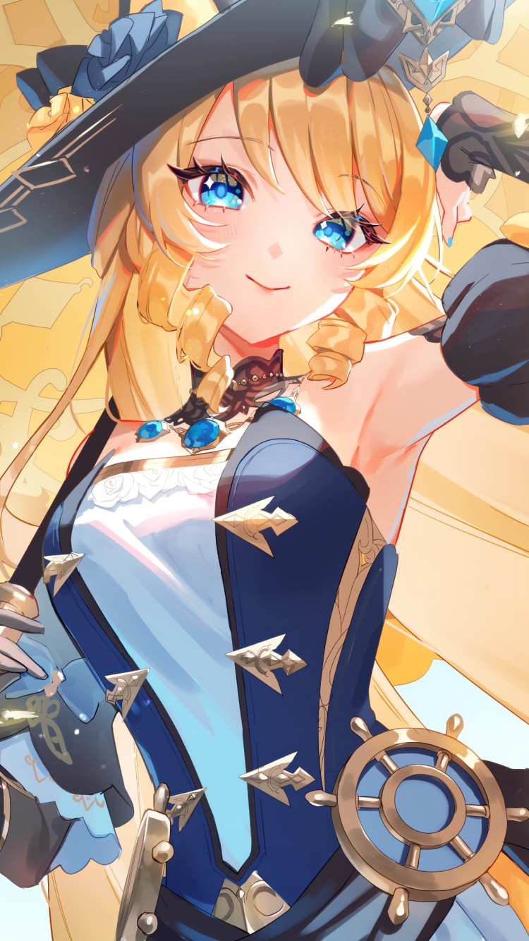 黄色い日傘をさしたナヴィア / 原神の750 x 1334 / スマホ壁紙