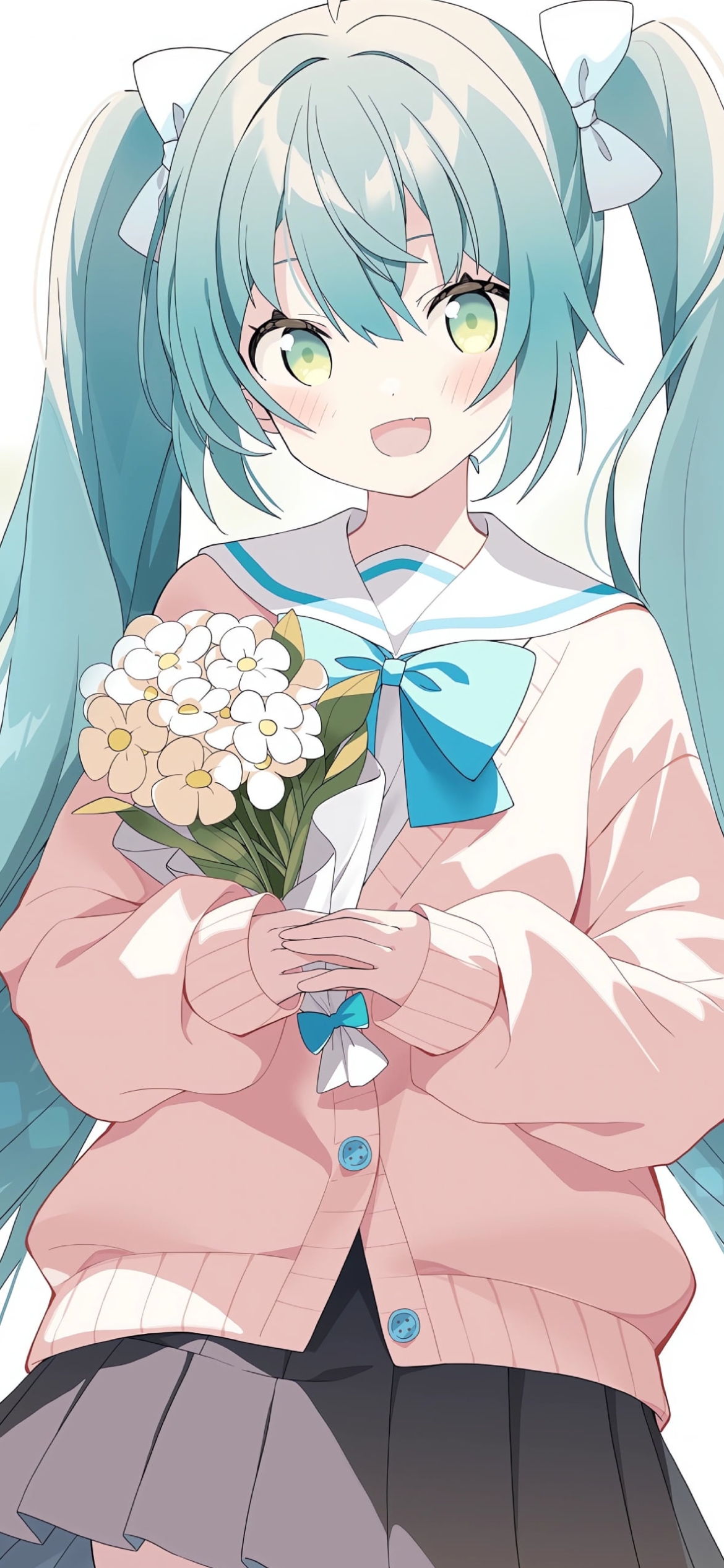 白い花束を持つ可愛い初音ミク / ボカロの1170 x 2532 / スマホ壁紙