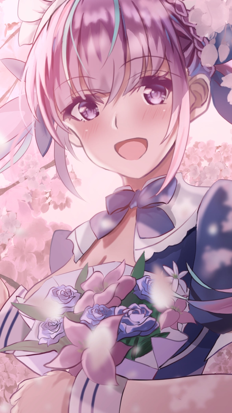 満開の桜と笑顔の湊あくあ / ホロライブ / バーチャルYouTuberの750 x 1334 / スマホ壁紙