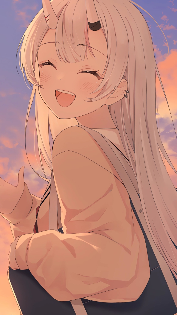 夕暮れ時 手を振る可愛い百鬼あやめ / ぽよ余 / バーチャルYouTuber / ホロライブの750 x 1334 / スマホ壁紙