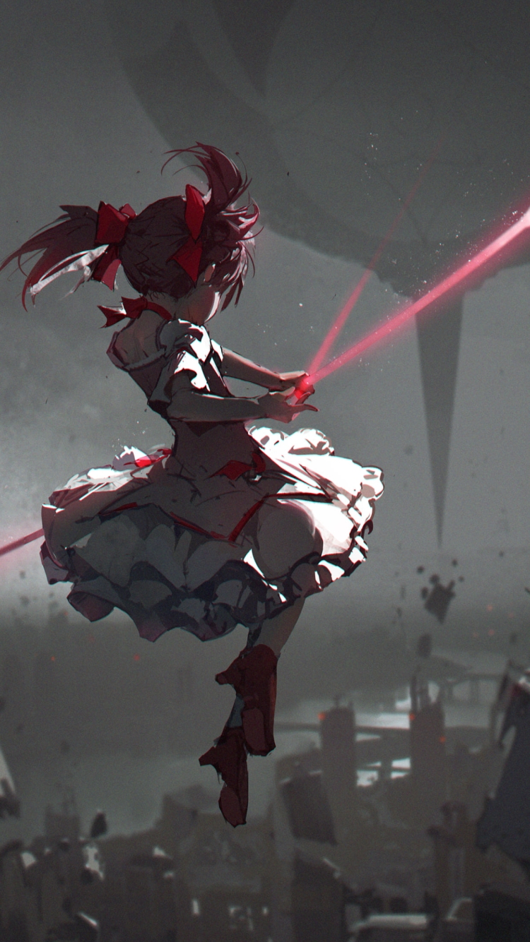 空から矢を放つ鹿目まどか / 魔法少女まどか☆マギカの750 x 1334 / スマホ壁紙