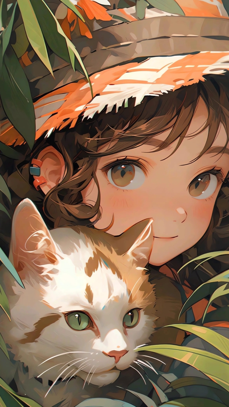 草むらに隠れた猫と女子の750 x 1334 / スマホ壁紙