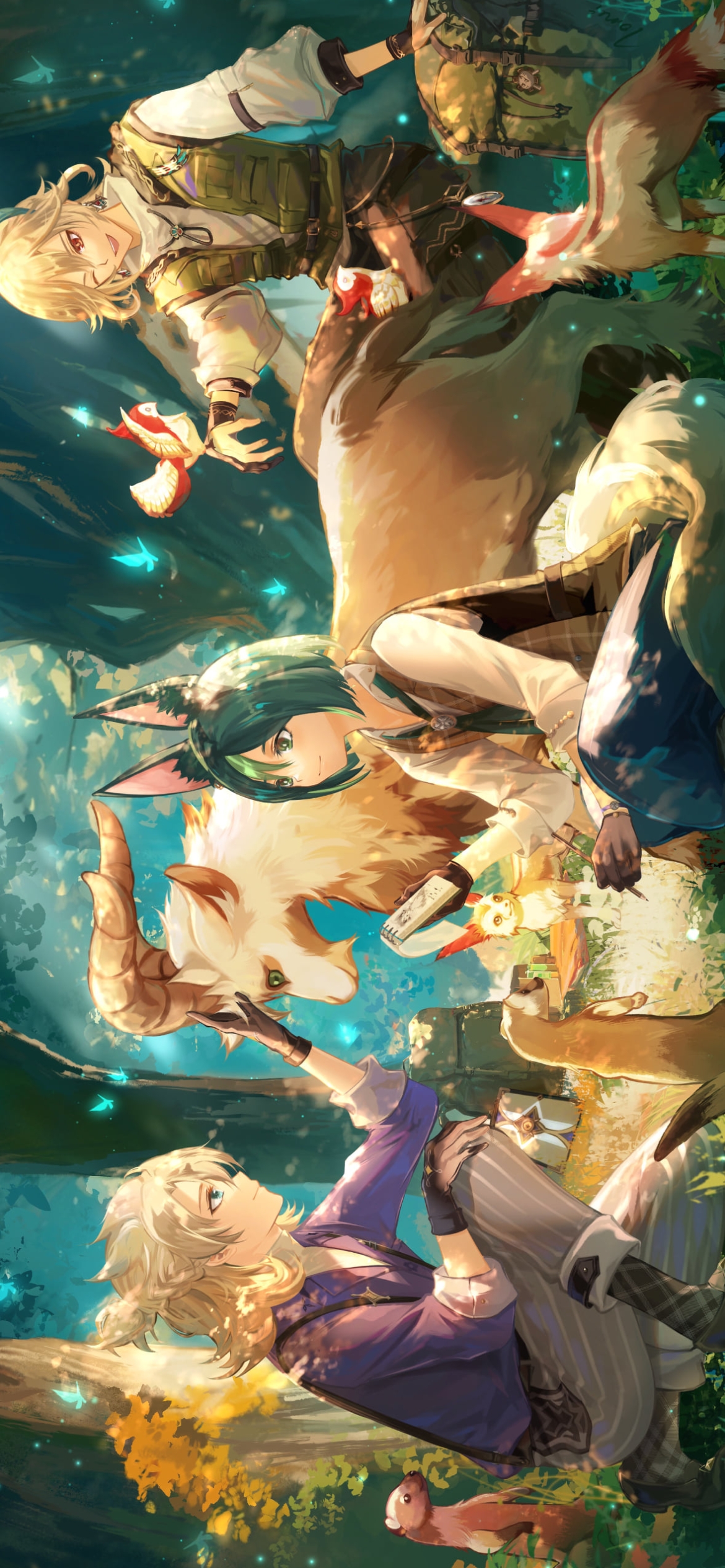 森の中で動物と戯れるアルベド / ティナリ / カーヴェ / 原神の1170 x 2532 / スマホ壁紙