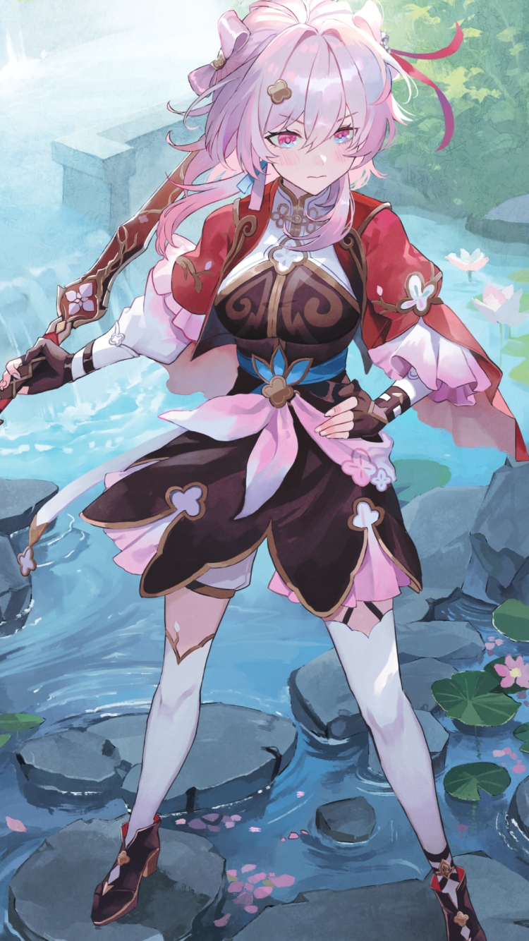 川の石の上に立つ三月七 / 崩壊:スターレイルの750 x 1334 / スマホ壁紙