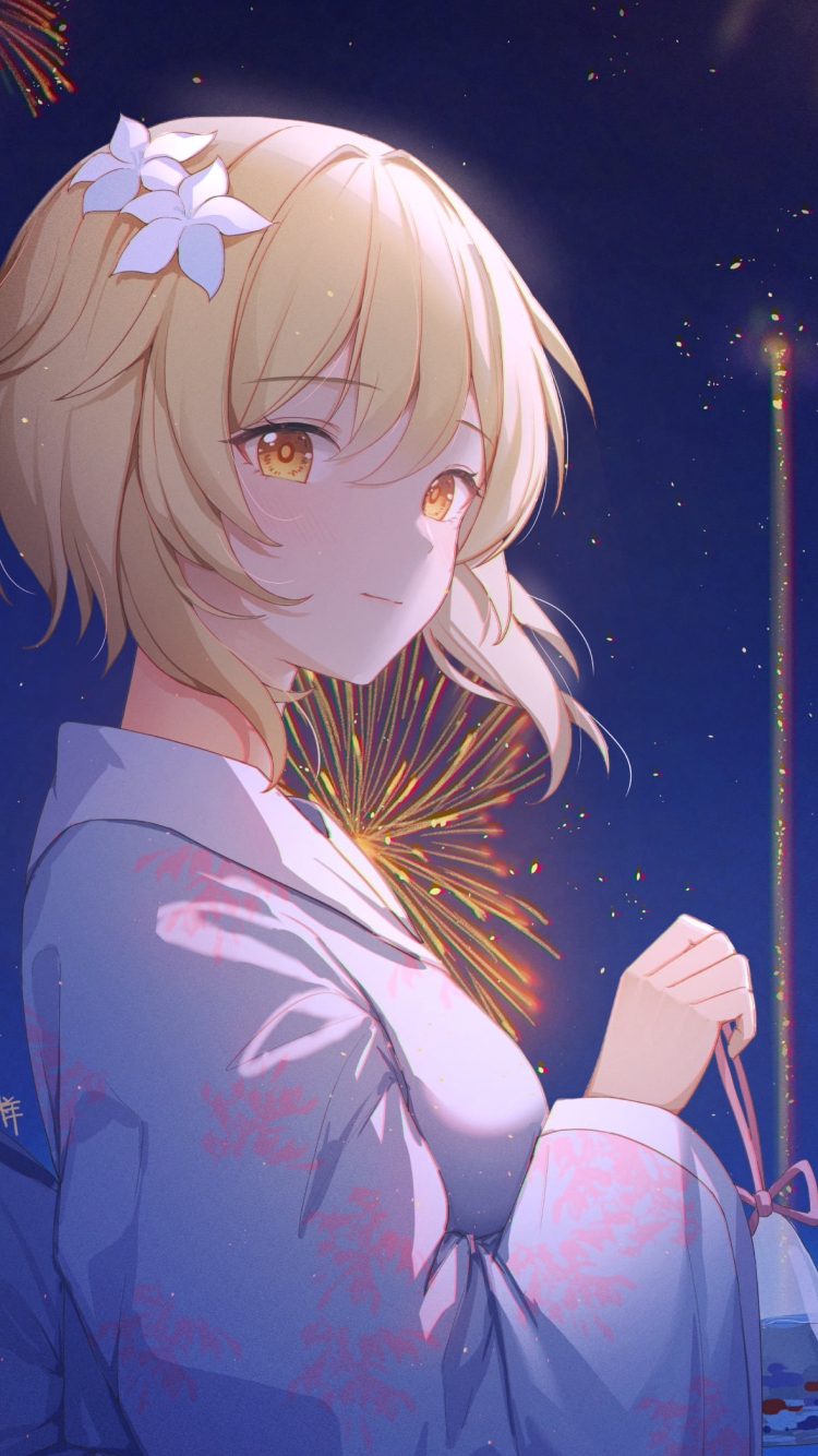 打ち上げ花火とこちらを見つめる蛍 / 原神の750 x 1334 / スマホ壁紙