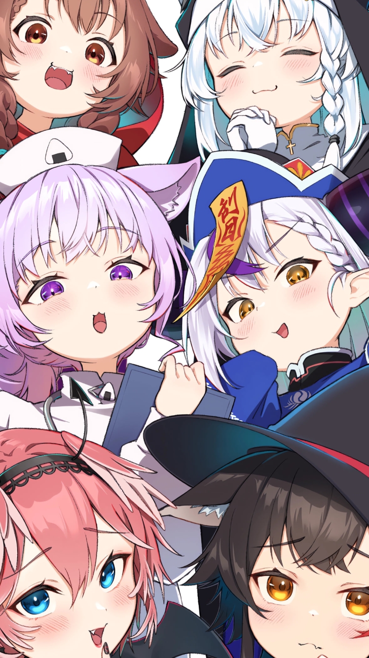白上フブキ、猫又おかゆ、ラプラス・ダークネス、大神ミオ、戌神ころね、鷹嶺ルイ / ホロライブ / バーチャルYouTuberの750 x 1334 / スマホ壁紙
