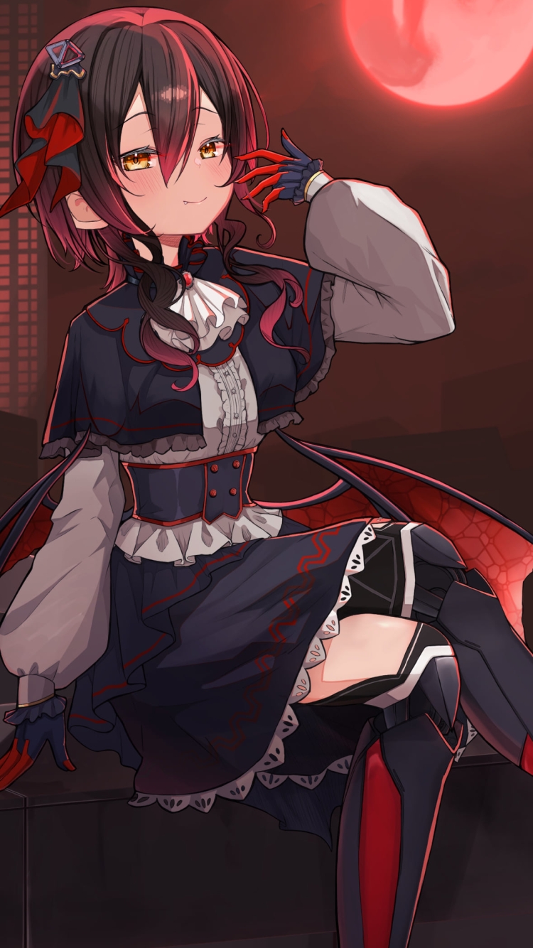 赤い月とポーズを取るロボ子さん / ハロウィン / バーチャルYouTuber / ホロライブの750 x 1334 / スマホ壁紙